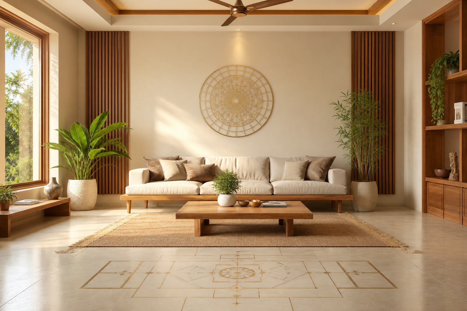 Vaastu-aligned, light-filled living space with a sacred geometry mandala